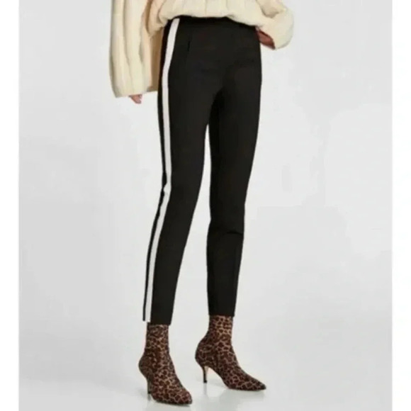 Zara Pants High Waisted Slim Side Stripe Ankle  Cropped Trousers Black Small - Picture 4 of 14